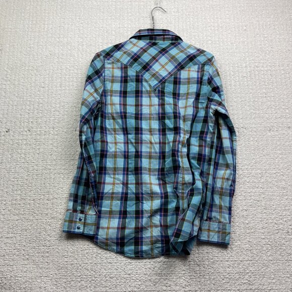 Wrangler Shirt Womens S Blue Plaid Retro Western Pearl Snap Long Sleeve Boho - Picture 10 of 13